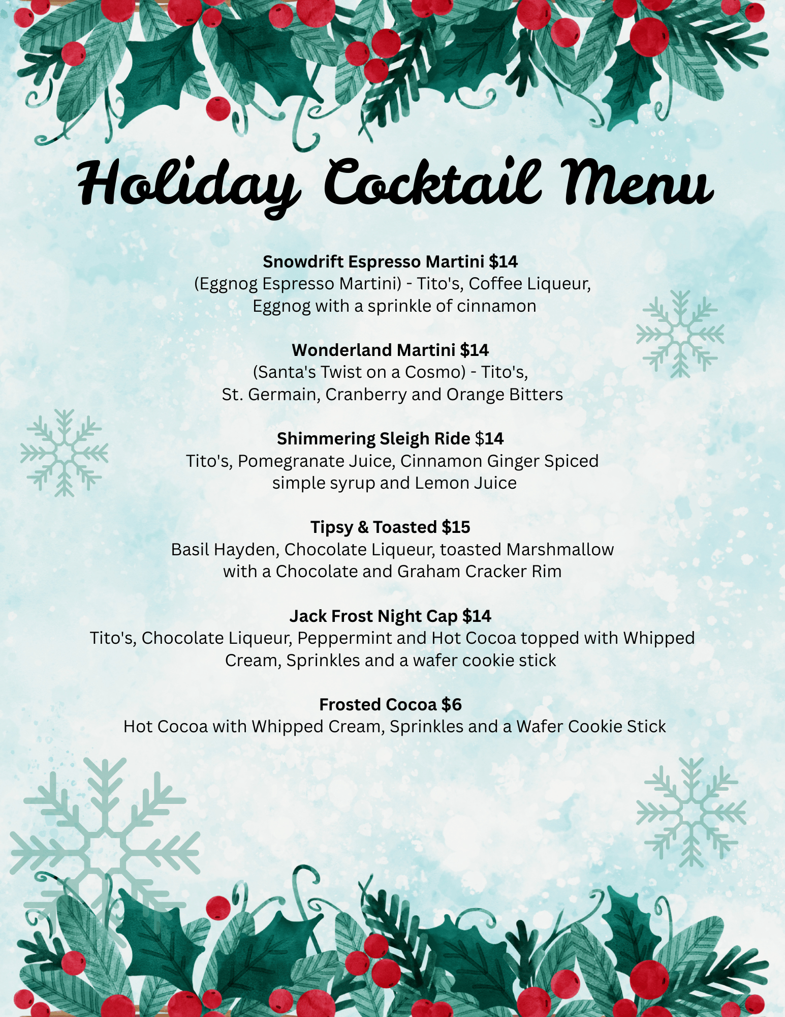 Holiday Cocktail Menu