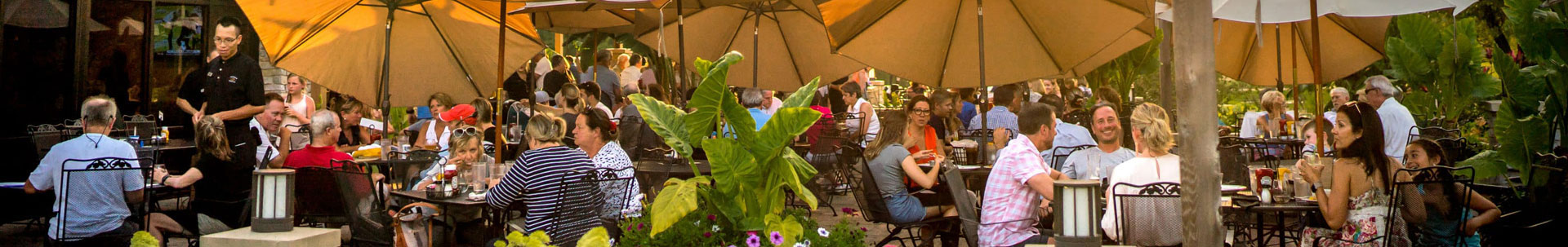 A bustling outdoor dining area with patrons enjoying meals under large umbrellas surrounded by greenery.