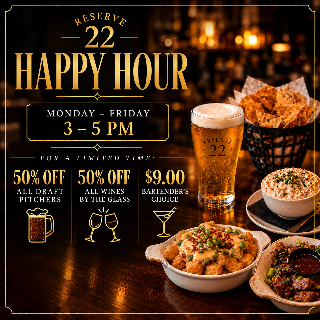 Reserve 22 Happy Hour promotion featuring a draft beer and appetizers against a warm, elegant bar backdrop. Happy Hour runs Monday through Friday, 3–5 PM, for a limited time, with 50% off all draft pitchers, 50% off wines by the glass, and $9 Bartender's Choice cocktails.